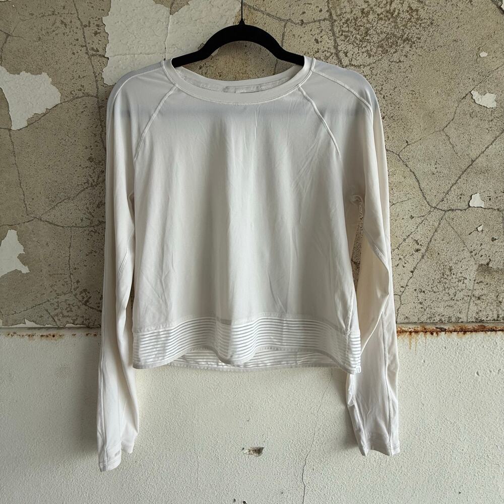 Lululemon Cropped Long Sleeve Top White Rib Hem Athleisure Pullover Womens 4